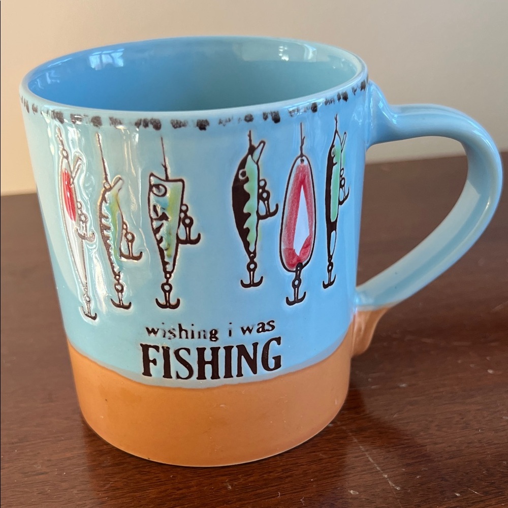 WISH I WAS FISHING, Themed Blue and Tan Mug